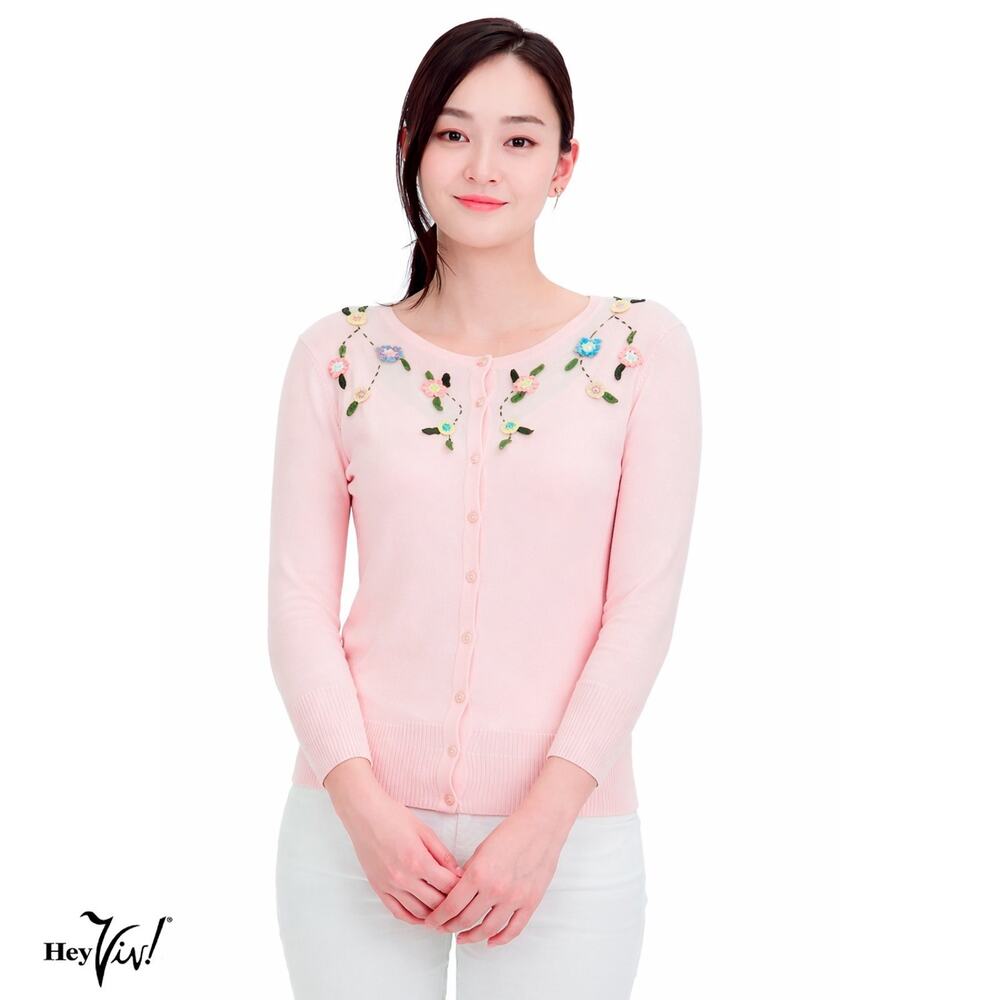Blush Pink Button Up Cardigan Sweater w Crocheted Flowers Size Small - Hey Viv